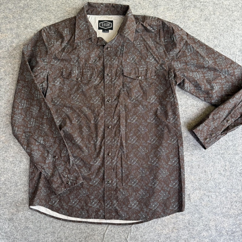 Gibson Trading Company Shirt Mens Large Brown Floral Long Sleeve Western Snap
